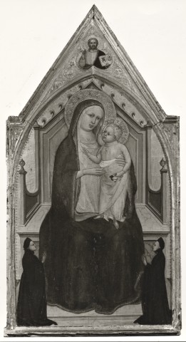 Anonimo — Ventura di Moro (Pseudo Ambrogio di Baldese) - sec. XV - Madonna con Bambino in trono e donatori — particolare, scomparto centrale